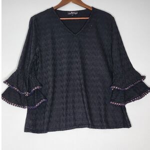 Liza Byrd Womans Top Black‎ Size Large Pull Over V neck Tiered Bell 3/4 Sleeve